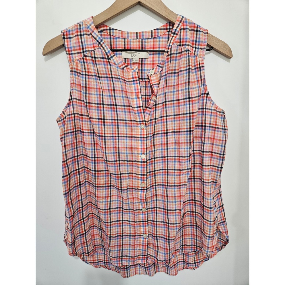LOFT Womens Sleeveless Button Down Plaid Top Orange Blue White Size Medium
